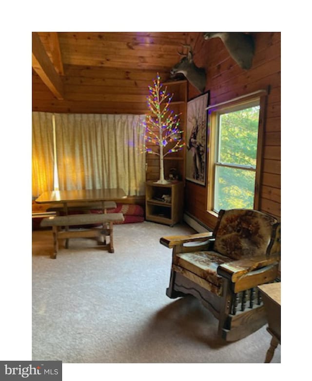 sitting room featuring wood ceiling, baseboard heating, carpet, and wooden walls