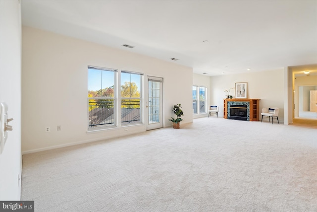 living room with light colored carpet