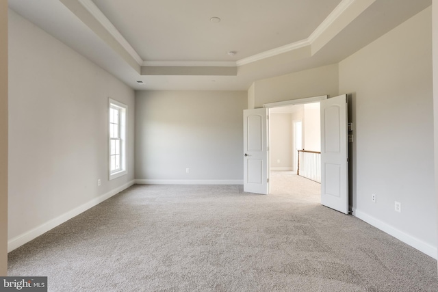 carpeted spare room with a raised ceiling and ornamental molding