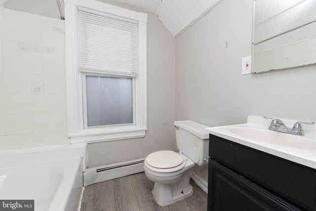 bathroom featuring hardwood / wood-style floors, vanity, lofted ceiling, toilet, and baseboard heating