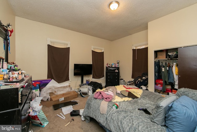 bedroom featuring carpet flooring, a closet, and a textured ceiling