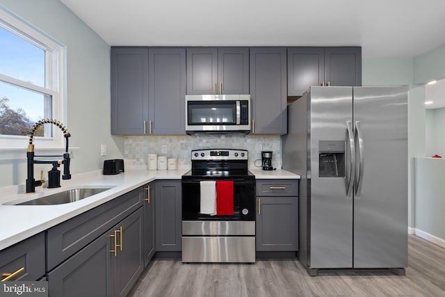 kitchen with appliances with stainless steel finishes, sink, and gray cabinetry