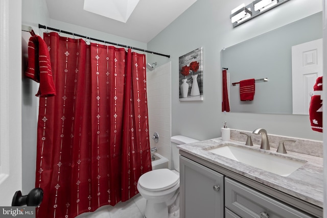 full bathroom with shower / bath combo with shower curtain, tile patterned floors, vanity, and toilet