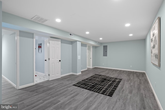 interior space featuring electric panel and hardwood / wood-style flooring