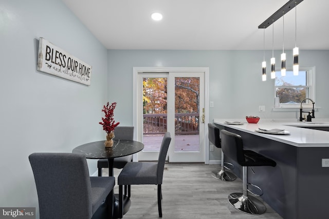 dining space featuring light hardwood / wood-style flooring and sink