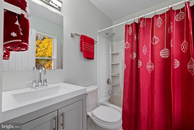 full bathroom with vanity, shower / bathtub combination with curtain, and toilet