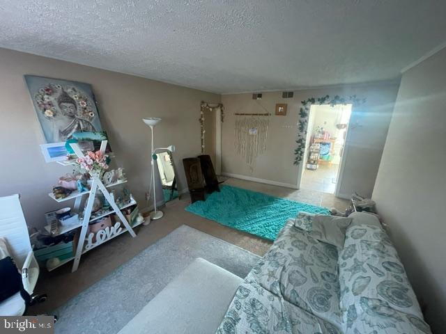 living room featuring a textured ceiling