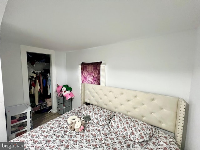 bedroom with dark hardwood / wood-style flooring and a closet