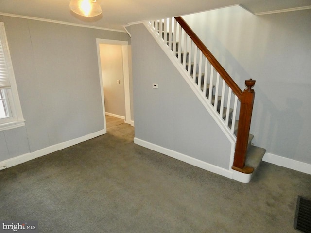 stairway featuring carpet and crown molding