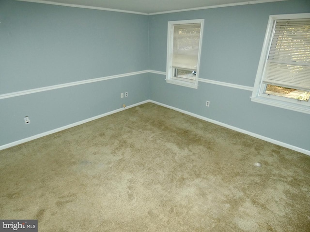 carpeted empty room featuring crown molding