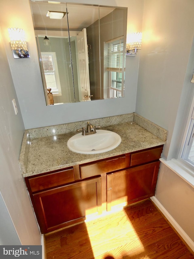 bathroom with vanity and hardwood / wood-style flooring