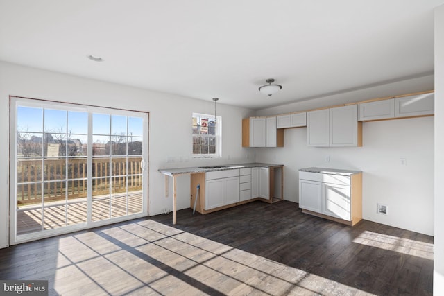 kitchen with white cabinetry, decorative light fixtures, and dark wood-type flooring