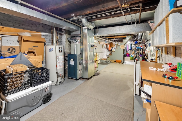 basement with heating unit and gas water heater