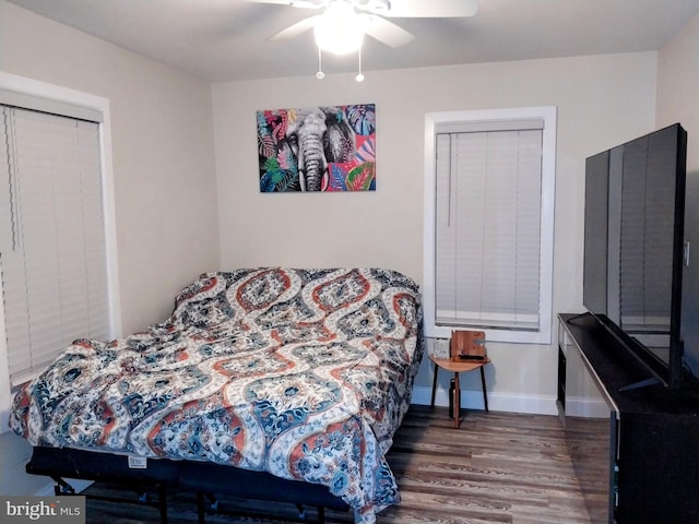 bedroom featuring ceiling fan, a closet, and dark hardwood / wood-style flooring