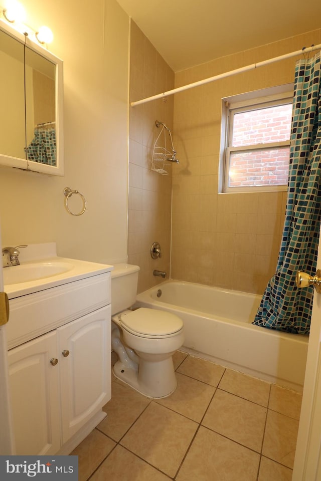 full bathroom with vanity, toilet, shower / bath combo, and tile patterned flooring