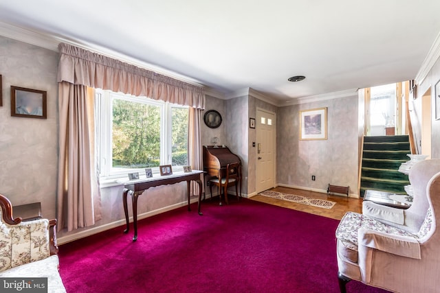 living area featuring crown molding and carpet floors