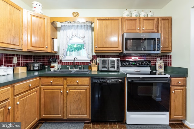 kitchen featuring black dishwasher, white electric stove, sink, and backsplash