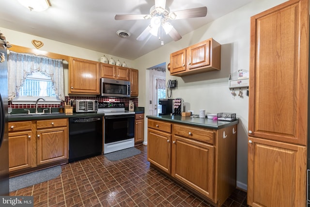 kitchen with black dishwasher, ceiling fan, backsplash, white electric range oven, and sink