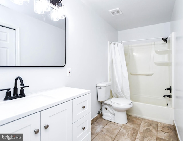 full bathroom with vanity, toilet, and shower / bathtub combination with curtain