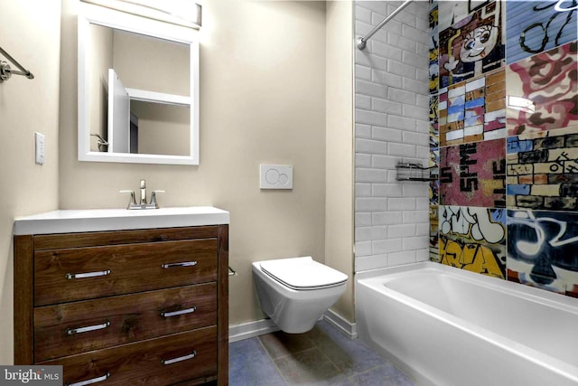 full bathroom with tile patterned floors, tiled shower / bath, vanity, and toilet