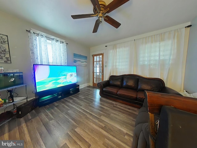 living room with hardwood / wood-style floors and ceiling fan