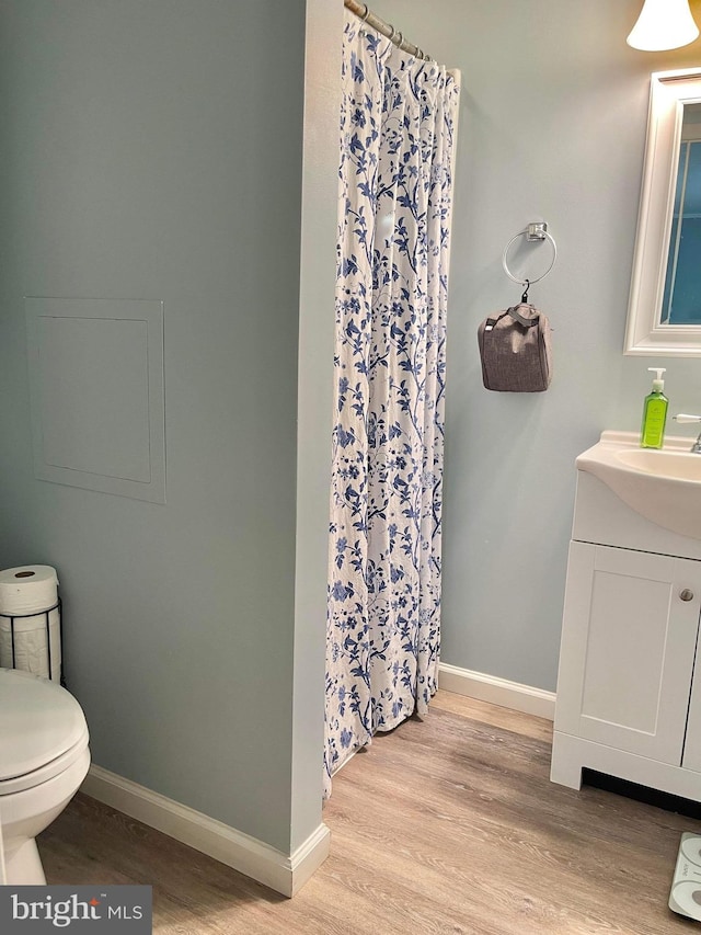 bathroom with vanity, a shower with curtain, wood-type flooring, and toilet