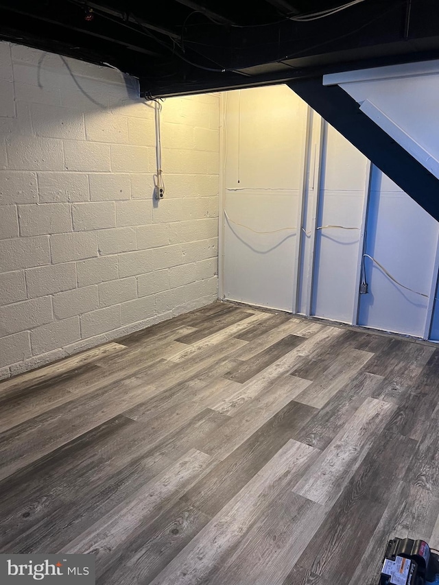 basement with hardwood / wood-style floors