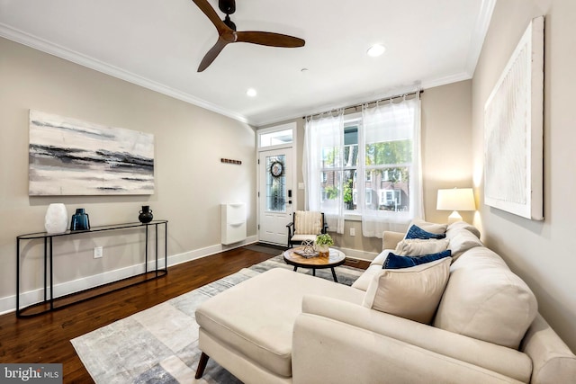 living room featuring dark hardwood / wood-style flooring, ceiling fan, and crown molding