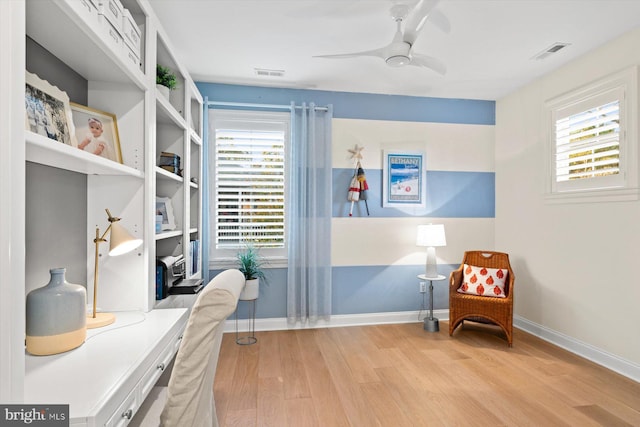 office area featuring ceiling fan and light hardwood / wood-style flooring