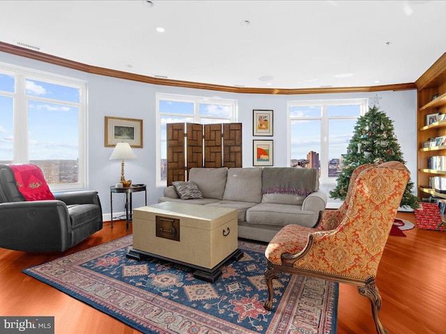 living room with crown molding and wood-type flooring