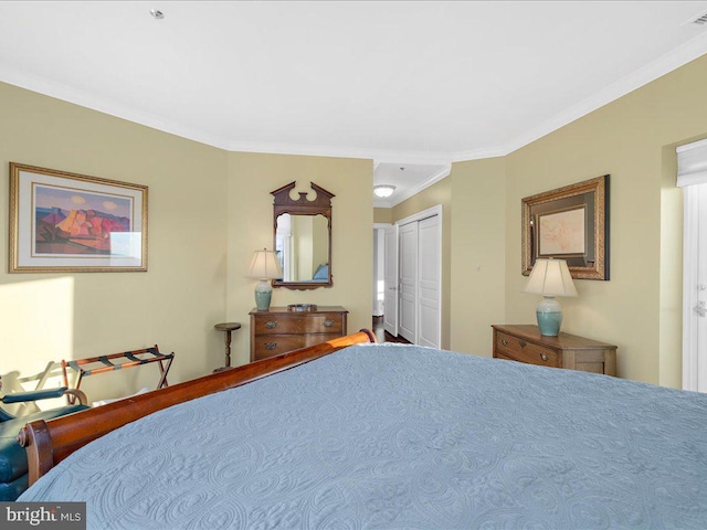 bedroom featuring crown molding and a closet