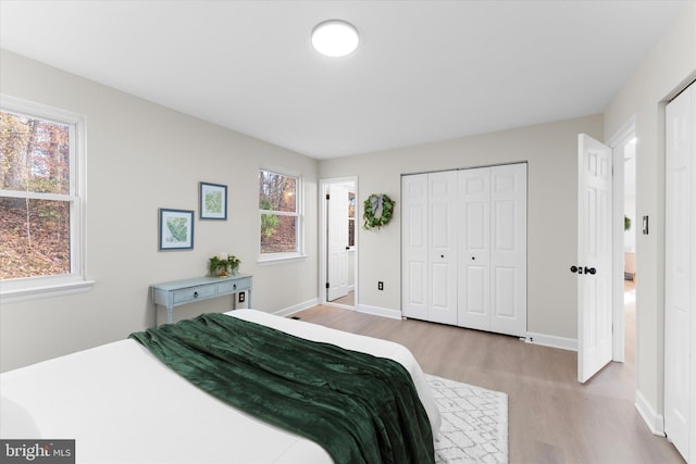 bedroom featuring a closet and light hardwood / wood-style floors