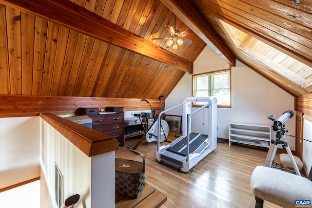 workout area featuring light hardwood / wood-style floors, ceiling fan, wooden ceiling, and vaulted ceiling