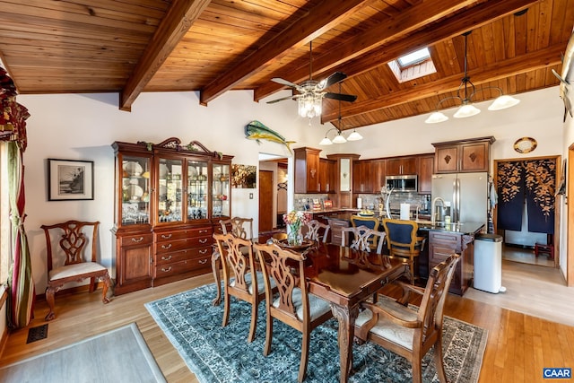 dining space with lofted ceiling with skylight, light hardwood / wood-style flooring, wood ceiling, and ceiling fan