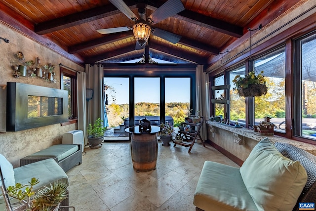 interior space with ceiling fan, wooden ceiling, and vaulted ceiling with beams