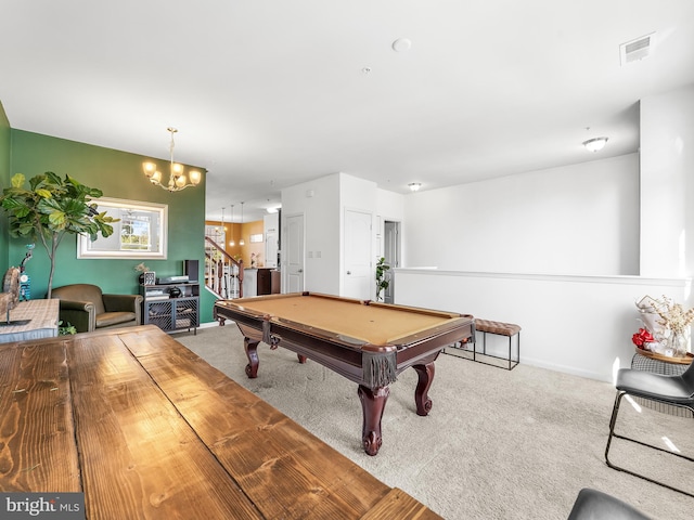 rec room featuring billiards, a notable chandelier, and carpet floors