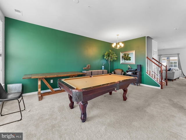 playroom with light carpet, an inviting chandelier, and pool table