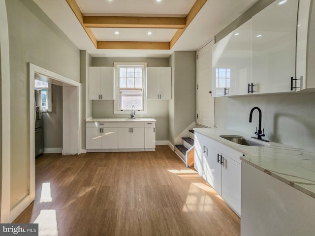 kitchen featuring white cabinetry, a raised ceiling, and sink