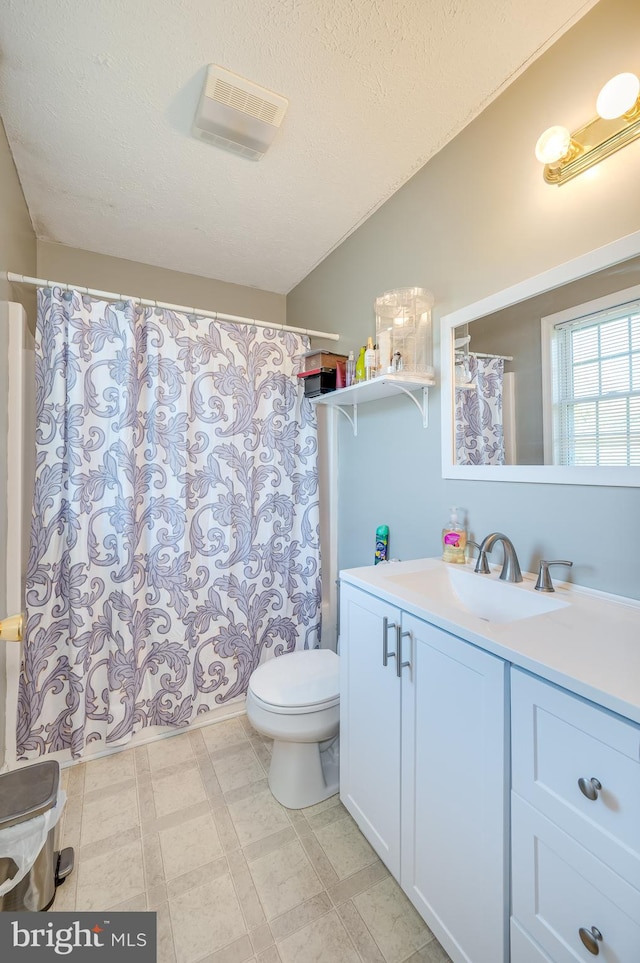 bathroom with vanity, a textured ceiling, and toilet