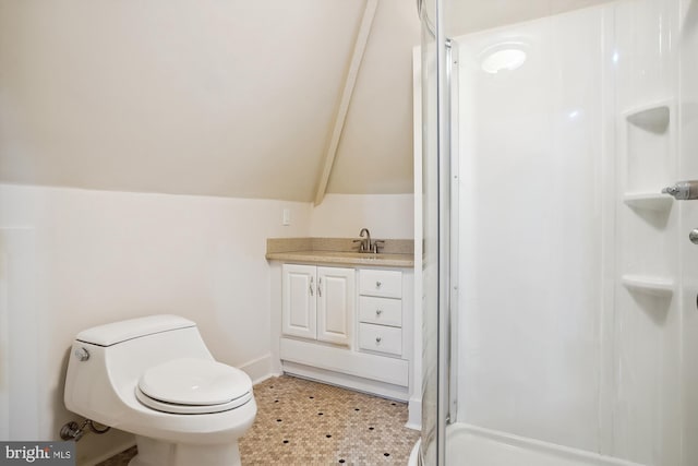 bathroom featuring toilet, vanity, vaulted ceiling, and a shower with door