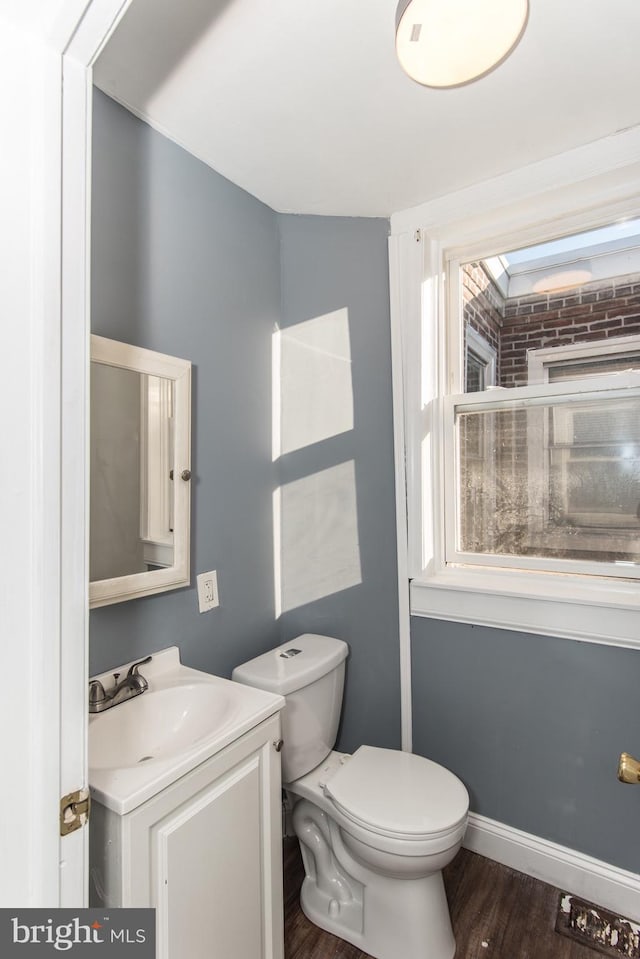 bathroom with vanity, hardwood / wood-style flooring, and toilet