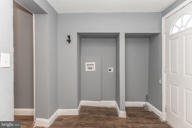 clothes washing area with dark wood-type flooring, hookup for a washing machine, and hookup for an electric dryer