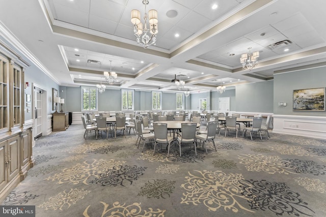 dining area with coffered ceiling, carpet, ornamental molding, and beamed ceiling