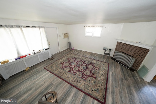 living room featuring dark wood-type flooring, a fireplace, and radiator