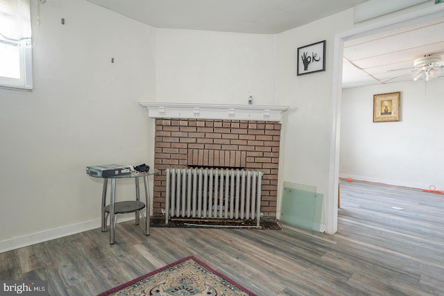 living room featuring radiator heating unit, wood-type flooring, a fireplace, and ceiling fan