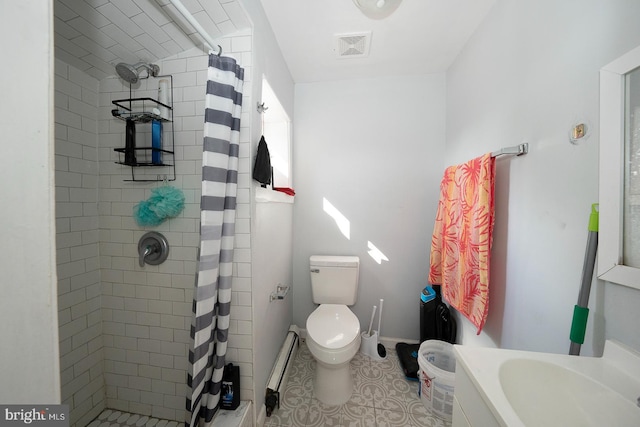 bathroom featuring toilet, tile patterned floors, walk in shower, and baseboard heating