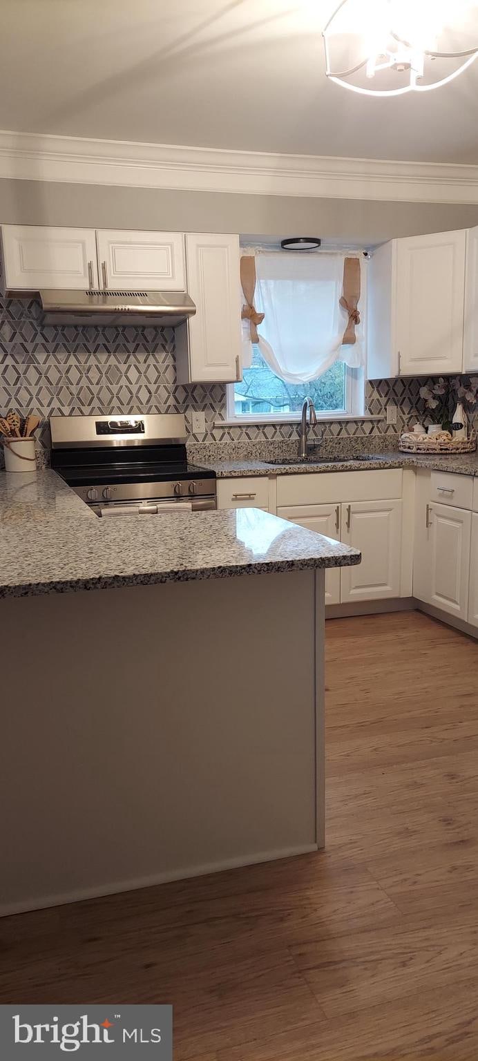 kitchen with sink, light stone counters, backsplash, electric stove, and white cabinets