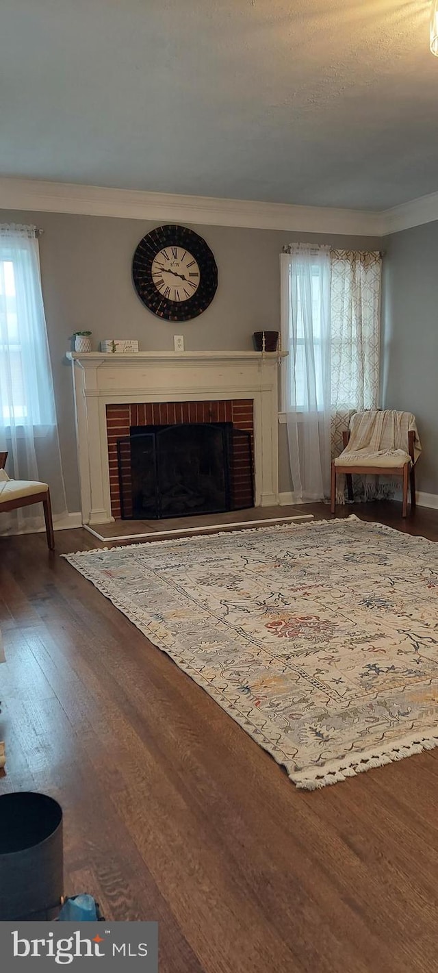 living room with a fireplace, ornamental molding, and hardwood / wood-style flooring