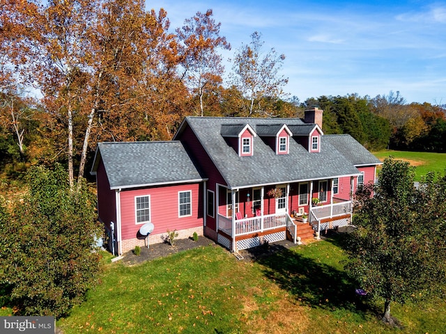 cape cod home with a porch and a front yard