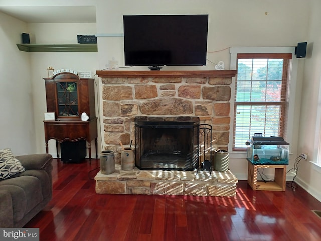 living room featuring a stone fireplace and hardwood / wood-style flooring